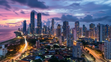 Fototapeta premium Stunning Urban Skyline at Dusk with Vibrant City Lights and Clouds