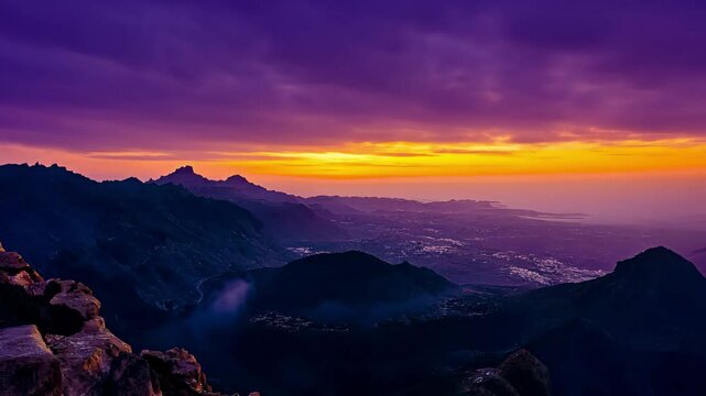 Rainbow hues paint the sky during sunset over the volcanic caldera in a breathtaking hyper lapse, Day to night sunset hyper lapse over volcanic caldera of Tejeda, Gran Canaria, Canary islands, Spain