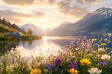 Naklejka premium Soft golden hour light gently illuminating a serene mountain landscape with warm, glowing hues
