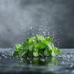 Fresh Mint Splashes on Dark Background.