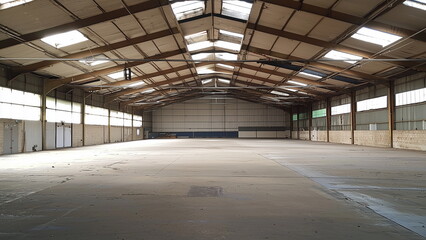 Obraz premium Large empty warehouse with high ceiling and concrete cement floor for industrial storage space