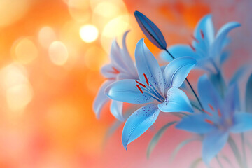 Blue lilies bloom against a blurred orange background in a tranquil setting