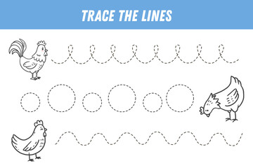 Tracing lines for kids. Cute cartoon birds. Hen and rooster in doodle style. Handwriting practice. Educational game for preschool kids. Easter activity page. Vector illustration