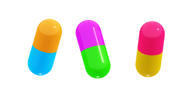 3D illustration of colorful capsules on transparent background with a modern and bold look, vibrant colors, and glossy finish