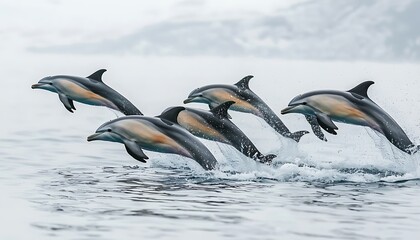 Fototapeta premium Dolphins leaping with ocean, and wildlife.
