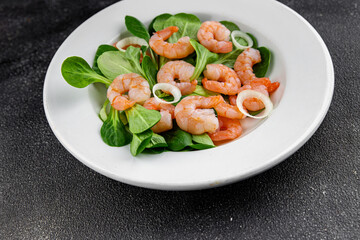 Shrimp salad seafood vegetables dish fresh delicious gourmet food background on table rustic food top view copy space keto and paleo diet vegetarian food pescetarian diet