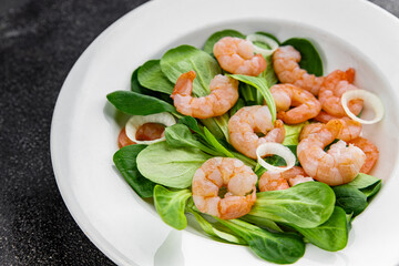 Shrimp salad seafood vegetables dish fresh delicious gourmet food background on table rustic food top view copy space keto and paleo diet vegetarian food pescetarian diet