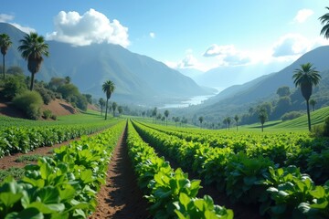 Fototapeta premium Scenic agricultural landscape with lush green crops, rolling hills, and palm trees overlooking a valley and river, showcasing sustainable farming and tropical countryside beauty