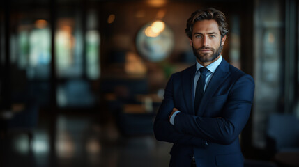 Fototapeta premium Confident Businessman in Dark Blue Suit with Arms Crossed Inside Modern Office Space with Blurred Background Artificial Intelligence Issue