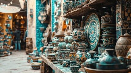 Vibrant Marketplace with Traditional Pottery and Decorative Ceramics