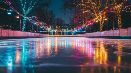 Naklejka premium Ice Skating Rink at Night with Colorful Lights and Reflections