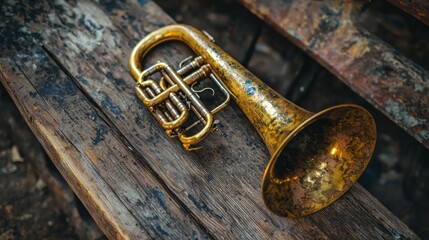 Naklejka premium Antique Brass Trumpet on Rustic Wooden Table Surrounded by Nature