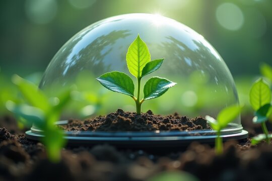 Young green seedling growing under a protective glass dome, symbolizing environmental conservation, sustainable agriculture, climate protection, and ecosystem balance