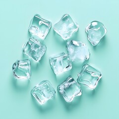 Set of ice cubes on a mint-colored background.