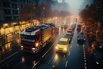 Obraz premium A fire truck drives through the city streets, top view of the car.
