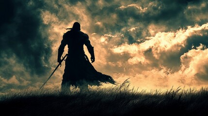 Mysterious Warrior Silhouette Against Dramatic Sky at Dusk