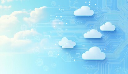 Abstract background with blue clouds and circuit board elements on a light sky-blue, white color scheme data is associated with digital clouds in an online environment Generative AI