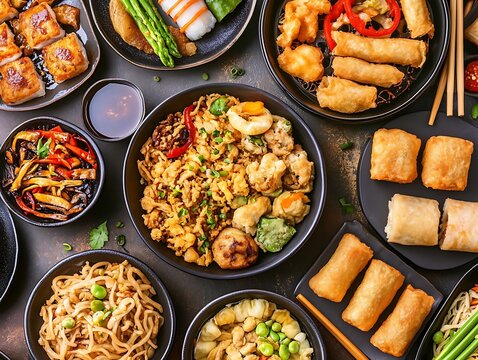 Diverse Asian Cuisine Dishes Arranged on Dark Surface.