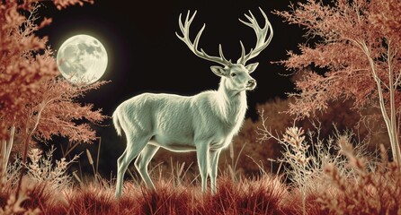 stag and full moon standing in foliage