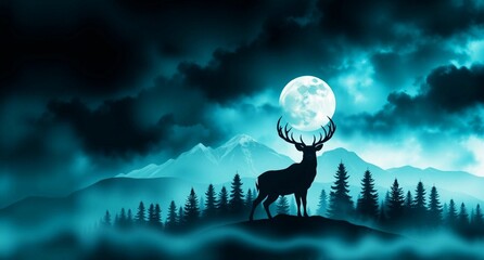 stag silhouette in the moon light forest 