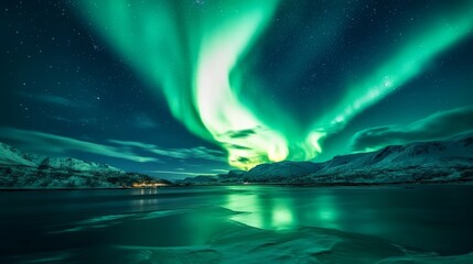 Stunning Northern Lights Over Calm Water in a Snowy Landscape