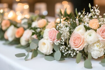 Elegant floral arrangement on table at a wedding reception during evening celebration
