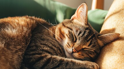 Sleepy Tabby Cat Napping Comfortably on a Couch in Warm Sunlight Close-up