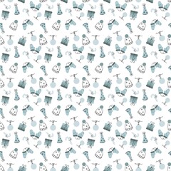 Seamless winter pattern with Christmas hats, mittens, gifts, ornaments, candy canes, and festive elements in soft blue and black outlines