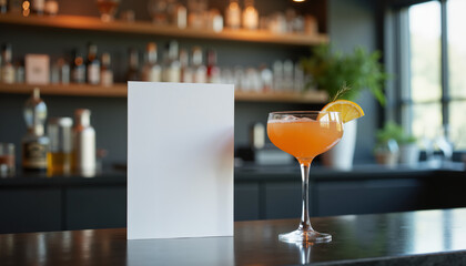 Refreshing cocktail garnished with a slice of orange placed on a bar counter with a blank menu backdrop