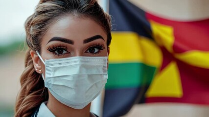 Caucasian female doctor in mask with Ghanaian flag backdrop showcases dedication to healthcare, flag of ghana over caucasian female doctor in face mask - Powered by Adobe