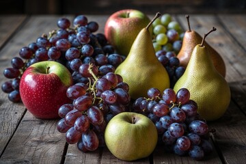 A bountiful harvest of ripe pears, juicy red grapes, and crisp apples rests on a rustic wooden table bathed in warm, natural light.