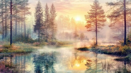 Misty Forest Sunrise River Reflections