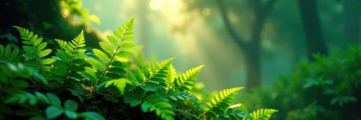 Softly lit dappled ferns in a misty atmosphere, fern, mist, shade