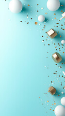 Elegant abstract composition with white spheres, golden geometric shapes, and scattered confetti on a pastel blue background. Ideal for celebrations and luxury themes.