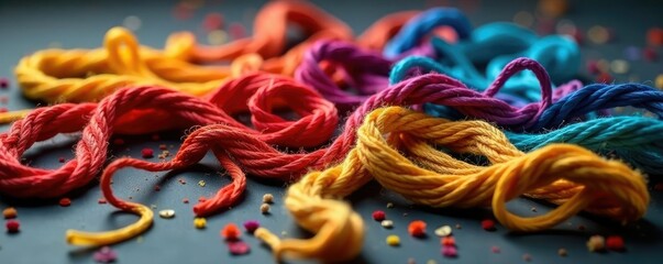 Colorful threads and fibers tangled on a table, disarrayed, colorful