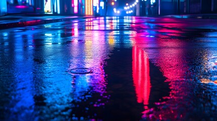Empty city street at night with neon light reflections in puddles.
