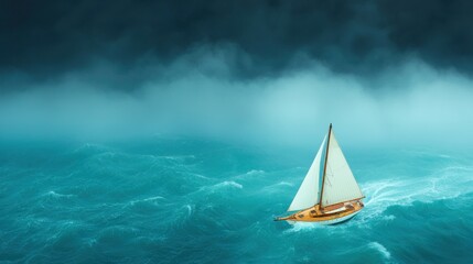 Fototapeta premium Sailing Boat in Stormy Seas: Courageous Voyage Through Turbulent Waters Under Threatening Clouds