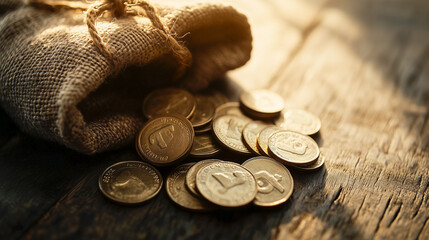 Antique coins pour from rustic pouch onto aged wood. Worn metal gleams in warm light. Copy space for financial or historical themes. Concept of ancient money, wealth, treasure hunting