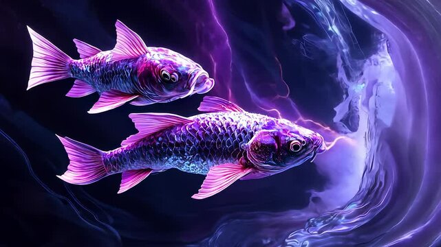 Fish in purple water. A fish drawing on a dark background. Neon art with a glare of light. Fish in violet water lifestyle.