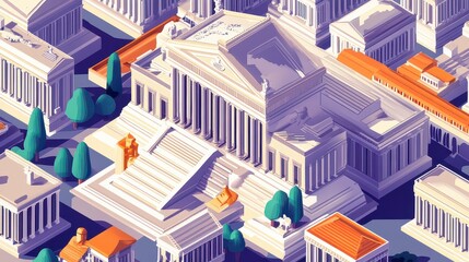 Aerial view of a modern architectural complex with vibrant colors and geometric shapes