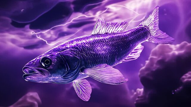 Fish in purple water. A fish drawing on a dark background. Neon art with a glare of light. Fish in violet lifestyle water.
