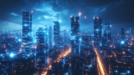 Fototapeta premium Futuristic city skyline at night, illuminated with glowing networks