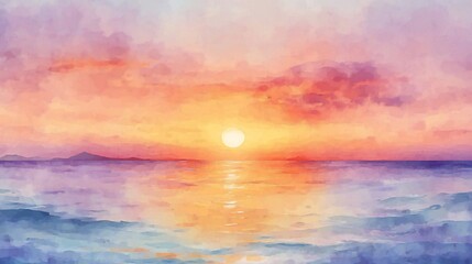 Naklejka premium Serene Ocean Sunset Vibrant Watercolor Painting of Coastal Landscape