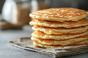 Golden fluffy pancakes are stacked high on a linen cloth against a blurred neutral background.