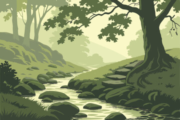 Fototapeta premium 1 Serene forest stream, Mossy rocks, Dappled sunlight, Dense foliage, Crystal clear water, Tranquil woodland, Green undergrowth, Natural stepping stones, Filtered forest light, Lush ecosystem, Peacefu