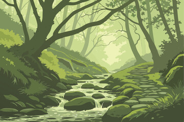 1 Serene forest stream, Mossy rocks, Dappled sunlight, Dense foliage, Crystal clear water, Tranquil woodland, Green undergrowth, Natural stepping stones, Filtered forest light, Lush ecosystem, Peacefu