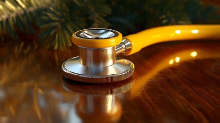 Yellow stethoscope on wood with pine.