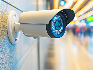 Security camera mounted on a textured wall overlooking a brightly lit hallway with blurred figures in the background.