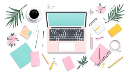 Workspace with Laptop, Coffee, and Office Supplies