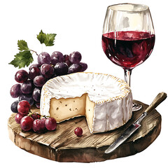 Grapes cheese with a slice cut red wine in glass and knife on a rustic wooden board.